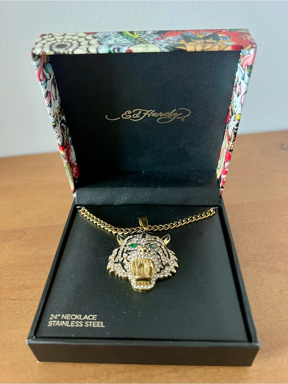 NWT | Ed Hardy Crystal Tiger Pendant Necklace | Gold-Tone Stainless Steel